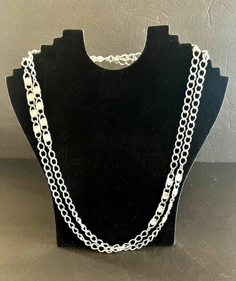VINTAGE MONET SILVER TONE STATION LINK CHAIN NECKLACE LONG OPERA LENGTH 54"